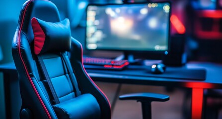 Gamer cafe with powerful personal computer game chair blue color. Concept cyber sport arena.