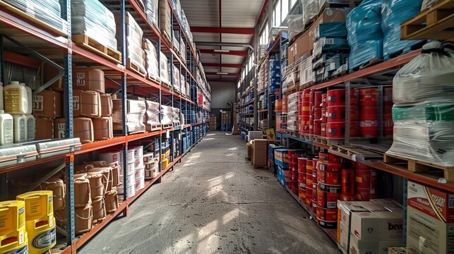 A bright, organized warehouse aisle filled with various construction supplies and tools during daylight hours