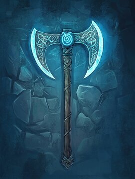 2D cartoon illustration of a fantasy weapon featuring a Viking axe a warrior poleaxe and a Celtic soldier s weapon adorned with an Odin symbol Ideal for design purposes