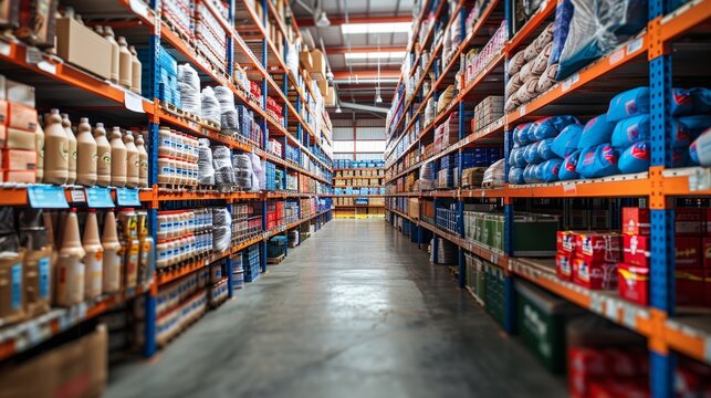 Aisles filled with various goods in a well-organized warehouse during daytime operations in a bustling distribution center - Powered by Adobe