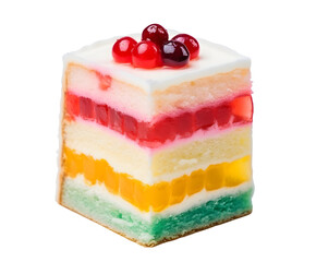 Colorful layered cake with red berries on top.