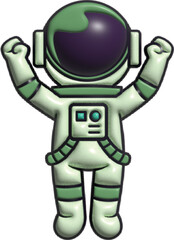 Cartoon astronaut in victory pose with both arms raised high, wearing green and white space suit and shiny dark helmet.