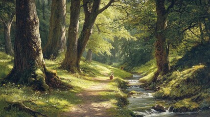 Fototapeta premium Tranquil woodland path beside a crystal-clear brook, rabbits hopping, birds singing, tall ancient trees providing shade, soft light filtering through