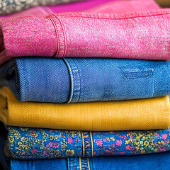 bright color felt fabric stacked,  background of used clothes of differents colorsStack pile of colorful textile fabric cloth material made from linen and cotton
