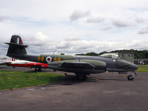 Elvington, Yorkshire, United Kingdom - 11 07 2023: Gloster Meteor F Mk 8 in the markings of 616 squadrom at Elvington airfield