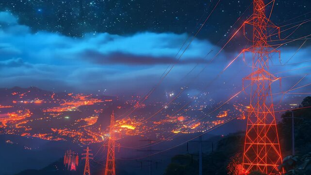 Electricity transmission towers with orange glowing wires the starry night sky. Energy infrastructure concept, energy, electricity, voltage, supply