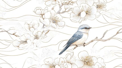 A blue bird perched on a branch with white flowers and gold vines on a white background.