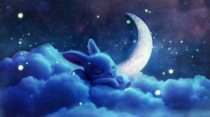 Cute sleeping bunny resting on crescent moon surrounded by twinkling stars. Seamless looping 4k time-lapse lofi animation video background.