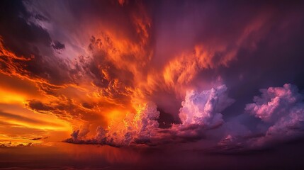 Fototapeta premium Vibrant sunset sky with dramatic clouds over the horizon in autumn