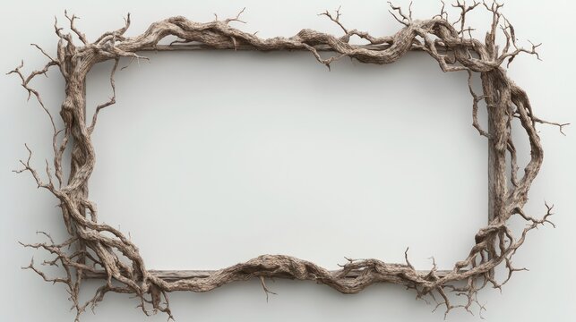 3D illustration featuring a frame adorned with imaginative wild roots set against a plain white background