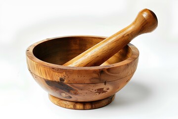 A wooden mortar and a wooden stick in a wooden bowl