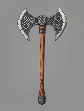 2D cartoon illustration of a fantasy weapon featuring a Viking axe a warrior poleaxe and a Celtic soldier s weapon adorned with an Odin symbol Ideal for design purposes