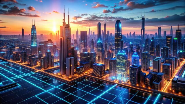 Detailed high dynamic range image of a futuristic, neon-lit cityscape at dusk, with a 3D map overlay, ready for compositing and customization.
