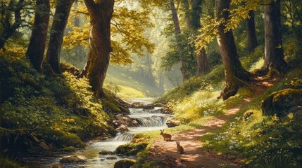 Obraz premium Tranquil woodland path beside a crystal-clear brook, rabbits hopping, birds singing, tall ancient trees providing shade, soft light filtering through