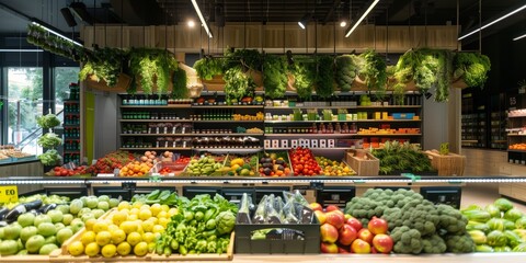 Fototapeta premium A supermarket with lots of fresh and healthy fruits and vegetables on shelves
