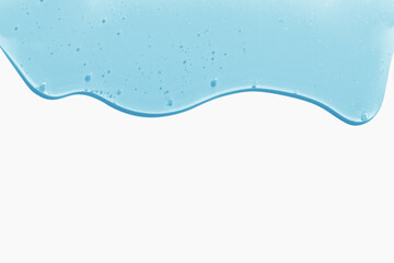 Flowing transparent blue liquid on a light background. Cosmetics, shampoo, serum, snail slime.