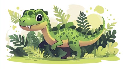 Fototapeta premium 2D cartoon illustration of a dinosaur character depicting a prehistoric reptile monster showcasing elements of fantasy with leaves in a Jurassic inspired design