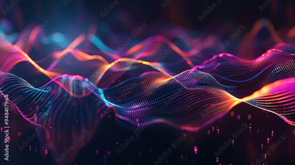 Poster a visual representation of frequency signal waves, displaying multiple sine waves in various colors,