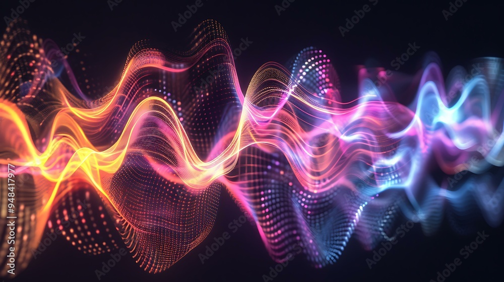 Poster a visual representation of frequency signal waves, displaying multiple sine waves in various colors,