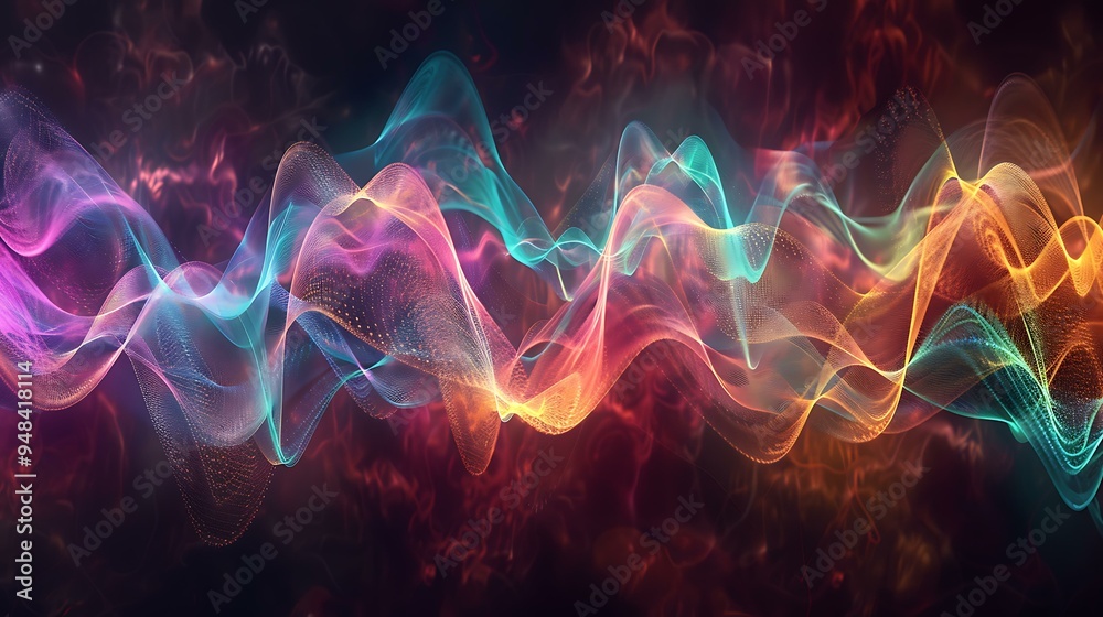 Poster a visual representation of frequency signal waves, displaying multiple sine waves in various colors,