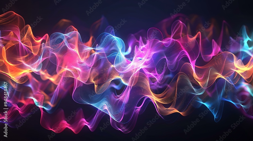 Poster a visual representation of frequency signal waves, displaying multiple sine waves in various colors,
