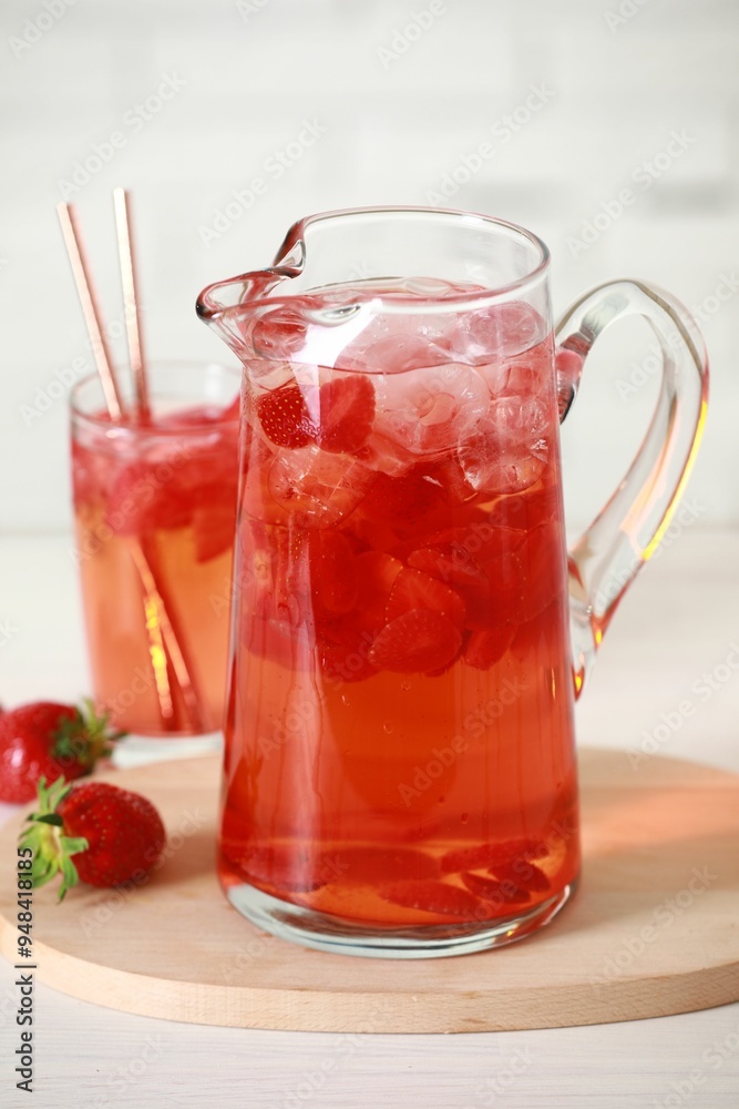 Wall mural Tasty strawberry lemonade in jug, glass and berries on white wooden table