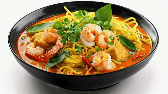 A bowl of curry mee, the rich, spicy coconut curry broth with yellow noodles, tofu puffs, shrimp, and garnished with fresh herbs, served on black bowl, isolated on white background