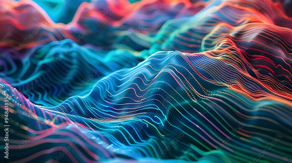 Poster an abstract depiction of signal waves, where intricate patterns of undulating lines in blue, green, 