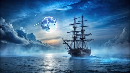 Fototapeta premium Ghost ship sailing on a cold dark blue sea landscape, with eerie mist and a full moon in the sky