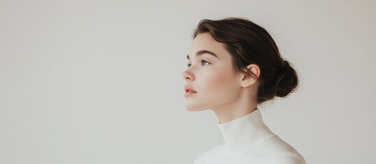 Side profile of a young woman with dark brown hair in a bun, dressed in a white high-neck top, against a soft background.