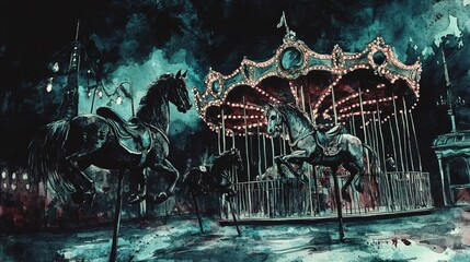 Eerie Watercolor Illustration of Haunted Carousel with Spooky Horses and Broken Lights