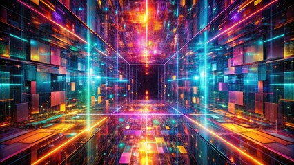Fototapeta premium Dimensional Glitch Matrix: Intersecting parallel universes, fractured code, vibrant colors bleeding into each other