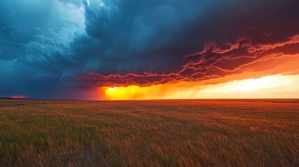 Drama in the Skies: Sun Setting Behind a Line of Thunderstorms with Striking Light and Dark Contrast on the Horizon