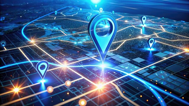Directional arrow connecting two points on a futuristic virtual map, symbolizing efficient routes, navigation, and innovative communication in a digital landscape.