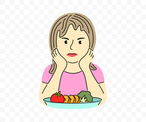 Girl does not want to eat healthy food, graphic design. Child, food, meal, vegetables and fruit, vector design and illustration