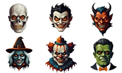 Set of cartoon horror devil, frankenstein, clown, witch, vampire, mummy character faces. vector illustration of evil devil, frankenstein, clown, witch, vampire, mummy smile scary circus monsters.