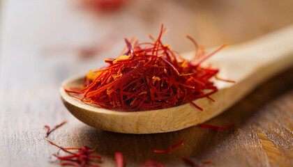 Fototapeta premium Saffron spice on wooden spoon. Cooking concept.