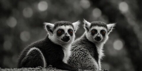 Obraz premium Curious lemurs peeking over edge in black and white.