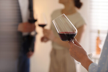 Woman with glass of red wine indoors, selective focus
