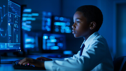 Focused African American boy in school uniform engaged with a computer in a modern classroom