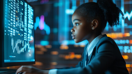 Fototapeta premium Young girl immersed in digital tech while analyzing data in a school uniform at her desk