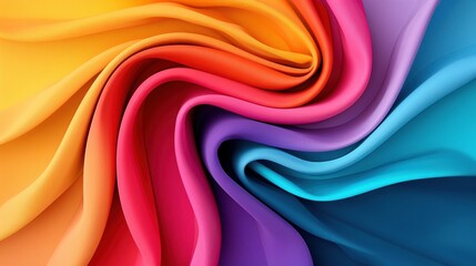 Vivid and colorful abstract fabric swirl, blending bright hues of orange, red, purple, and blue, creating a vibrant texture and dynamic pattern.