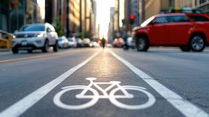 A vibrant urban scene showcasing a bicycle lane amidst busy traffic in a city setting, highlighting transportation and mobility.