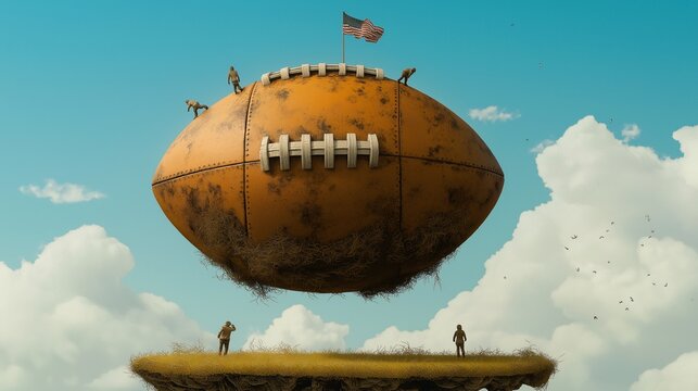The Big Game: A surreal, dreamlike image of a giant, weathered football floating in the sky, with tiny figures clambering on its surface, capturing the spirit of competition and the scale of dreams.