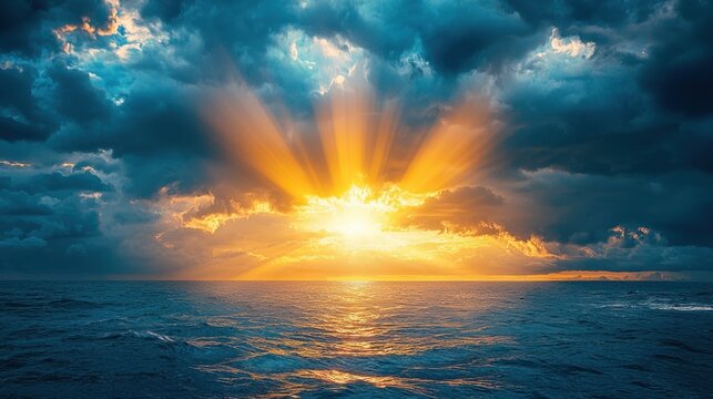 Embracing Hope: Sun Rays Piercing Through Dark Storm Clouds Over Ocean in Dramatic Weather