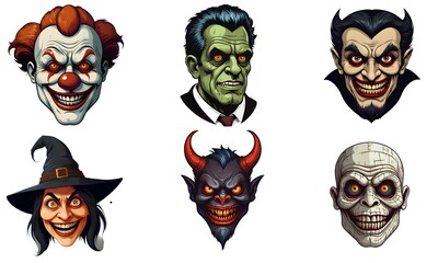 Set of cartoon horror devil, frankenstein, clown, witch, vampire, mummy character faces. vector illustration of evil devil, frankenstein, clown, witch, vampire, mummy smile scary circus monsters.