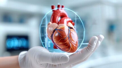 Gloved hand holding a digital rendering of a human heart with futuristic data overlay in a medical technology setting.