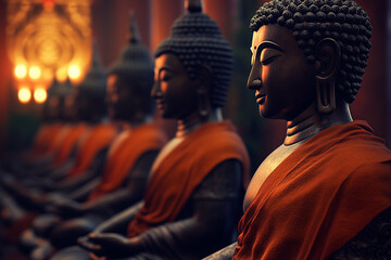 Serenity in bronze: Meditating Buddha statues adorned in orange robes within a temple