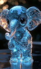 A cute, cartoon-style, glass elephant figurine with detailed carvings and a reflective surface.