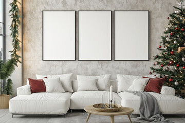 Blank wall art frames ready for festive decorations in a cozy living room with Christmas spirit